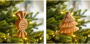 Close-up of gingerbread style candy and tree ornaments with dimensions for Christmas decor