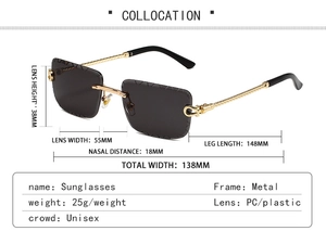 Detailed dimension guide for rimless square sunglasses with twisted gold metal temples