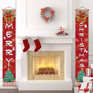 Red Merry Christmas outdoor door banners with bells and festive tree patterns decoration