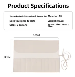 Detailed specs of PU leather makeup brush wrap with 10 slots and dimensions 32x22cm