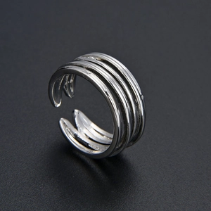 Macro shot of silver multi-layer open ring showing detailed metallic texture and finish