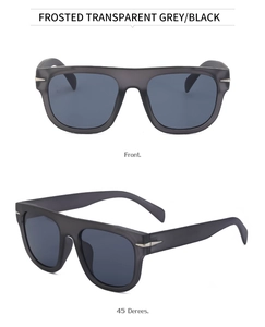 Front and side views of frosted grey oversized rectangular sunglasses with metal detail