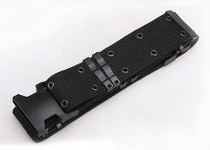 Close-up of black tactical nylon belt with durable plastic buckle and metal eyelets detail