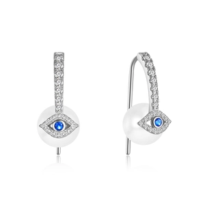Detail of 925 sterling silver evil eye pearl earrings with blue zircon micro-pave setting