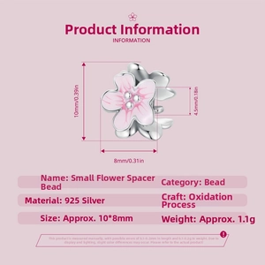 Macro view of 925 silver flower charm bead with pink enamel and detailed dimensions