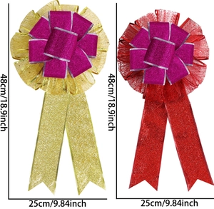 Detailed view of red and gold glitter Christmas bows with size dimensions 48x25cm