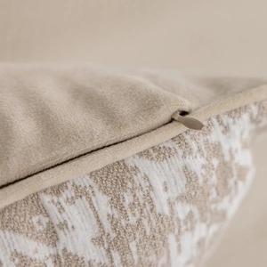 Beige luxury velvet throw pillow case with invisible zipper detail and jacquard fabric
