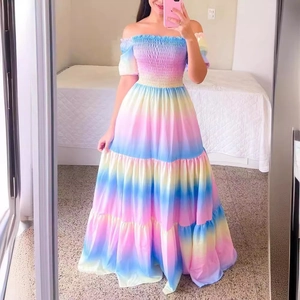 Rainbow gradient off-shoulder maxi dress with ruffled tiers for summer vacation