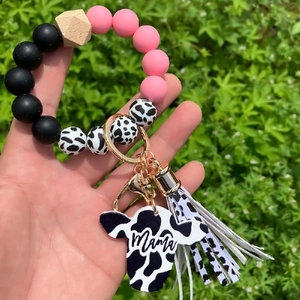 Silikonperlen-Schlüsselanhänger-Armband mit Kuhmuster-Perlen, Mama-Anhänger und Quaste