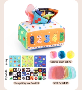 Baby tissue box toy set with plush balls, crinkle papers, and colorful soft scarves