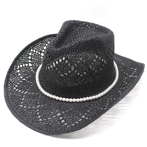 Classic black straw cowboy hat with white pearl chain decor and wide brim design
