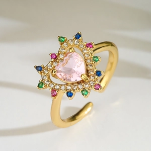 Vintage Bohemian Heart Shaped Open Adjustable Ring For Women 18K Gold Plated Copper With Colorful Cubic Zirconia Stones