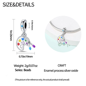 Detail of artist palette charm with heart enamel colors and size dimensions