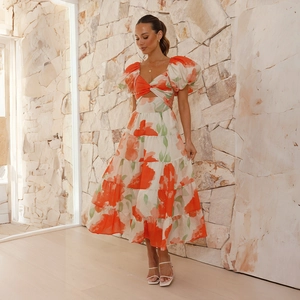 Detail of puff sleeves and heart-shaped cutout on this floral print midi dress