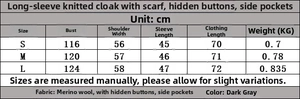 Size chart for long sleeve knitted poncho with scarf detail and measurements in cm