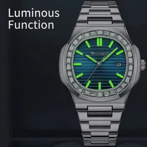 Luminous silver steel square watch with blue striped dial and crystal bezel for men