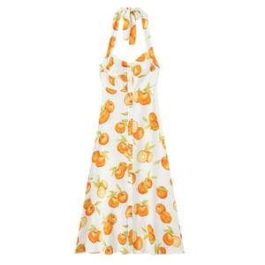 Halter Midi Kleid Weiß Orange Frucht Print Ärmellos V Ausschnitt Knöpfe Sommer Elegant Sommerkleid Für Damen