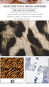Texture detail of Nappa grain cowhide leopard and tiger patterns on zipper card wallet