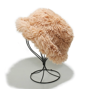 Warm fluffy faux fur bucket hat in light brown khaki for winter ear protection