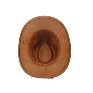 Detailed interior view of brown faux suede cowboy hat with stitched edge and sweatband
