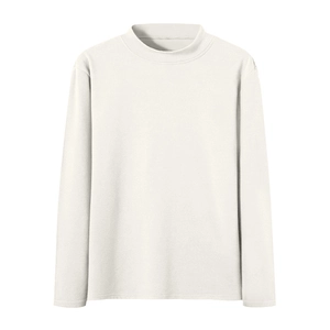 Close-up detail of cream white long sleeve base layer with a semi-high collar knit texture