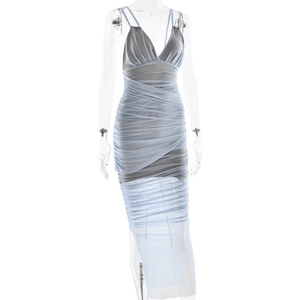 Detail of light blue mesh dress featuring ruched fabric and a deep V-neckline