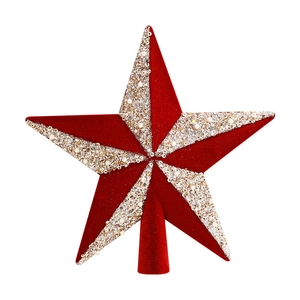 Red flocked Christmas tree topper star with gold sequins and pearls for holiday decoration