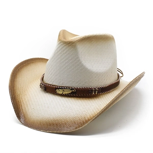 Chapeau de cowboy en paille avec bord dégradé marron et ruban orné de plumes