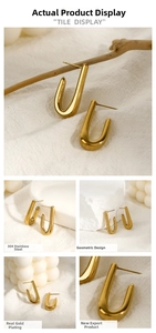 Detailed views of 18K gold plated U-shaped geometric earrings made of 304 stainless steel