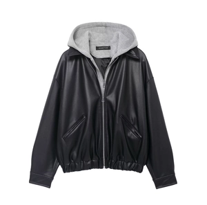 Detail of hooded faux leather jacket featuring black body, grey knit hood and zipper closure