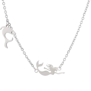 Silver mermaid tail and dolphin pendant necklace set on white background