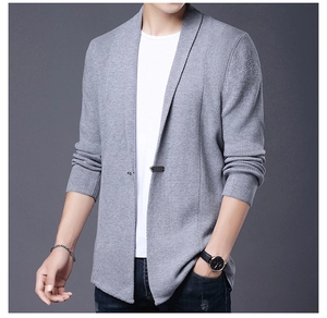 Close-up of gray knitted cardigan for men showing premium fabric and cross-stitch texture