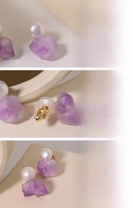 Detailansicht der Ohrringe mit natürlichen Süßwasserperlen, Amethyst und 18K Vergoldung