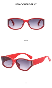 Detail view of red curved frame sunglasses with gradient grey lenses from dual angles