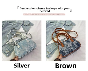 Detail comparison of silver and brown sequin denim crossbody bags with metal hardware
