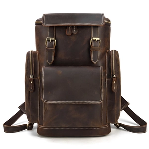 Large vintage crazy horse leather travel backpack with multiple pockets in dark brown