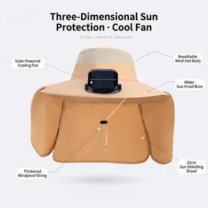 Sonnenhut mit Solar-Ventilator, breiter Krempe und Nackenschutz in der Farbe Khaki