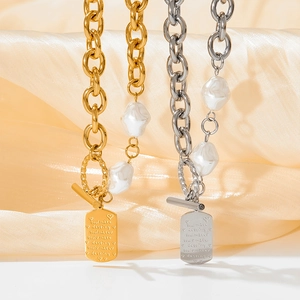 Unisex stainless steel necklace with square plaque soulmate engraving and pearl details