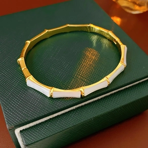 Macro detail of gold-plated bamboo bracelet with white shell inlay on gift box