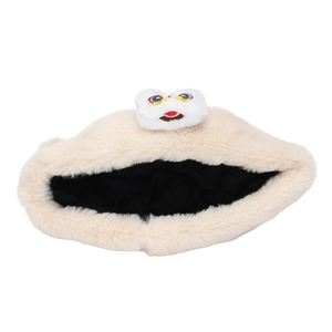 Plush winter hat for kids with leopard faux fur material and a cute cartoon character