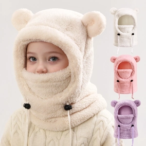 Cagoule Chaude Hiver Enfant Bonnet Peluche Polaire Écharpe À Capuche Masque Facial Intégré Oreilles D'ours Réglable Extérieur
