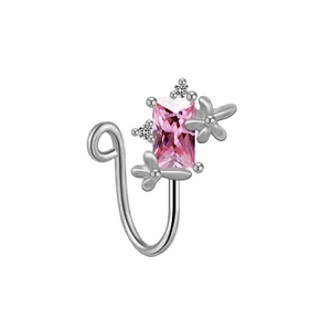 Elegant U-shaped silver nose clip with rectangular pink gemstone and small floral accent