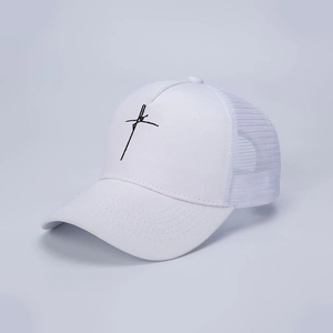 White embroidered cross mesh trucker hat with adjustable snapback for summer style