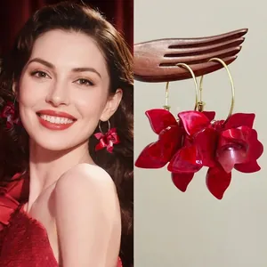 Flower Drop Earrings With Resin Petals And 925 Sterling Silver Earring Post Retro Layered Floral Dangle For Women