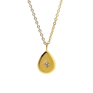 Minimalist 18K gold plated stainless steel water drop pendant necklace with starburst detail