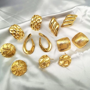 Geometric Stud Earrings 18K Gold Plated Stainless Steel Ribbed Hammered Texture Trendy Minimalist Jewelry For Women