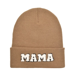 Detailed view of the brown knitted beanie featuring plush white MAMA letter embroidery