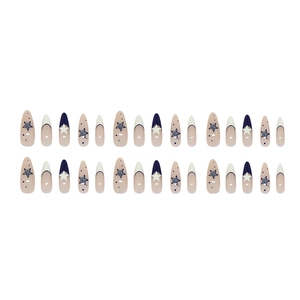 Blue vintage almond press-on nails with white dots and gold star patterns set