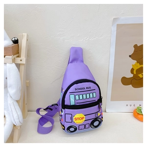 Detail of cute purple school bus chest bag with school bus and stop text print