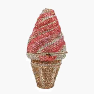 Macro shot showing pink rhinestones on a glittering ice cream cone evening clutch bag